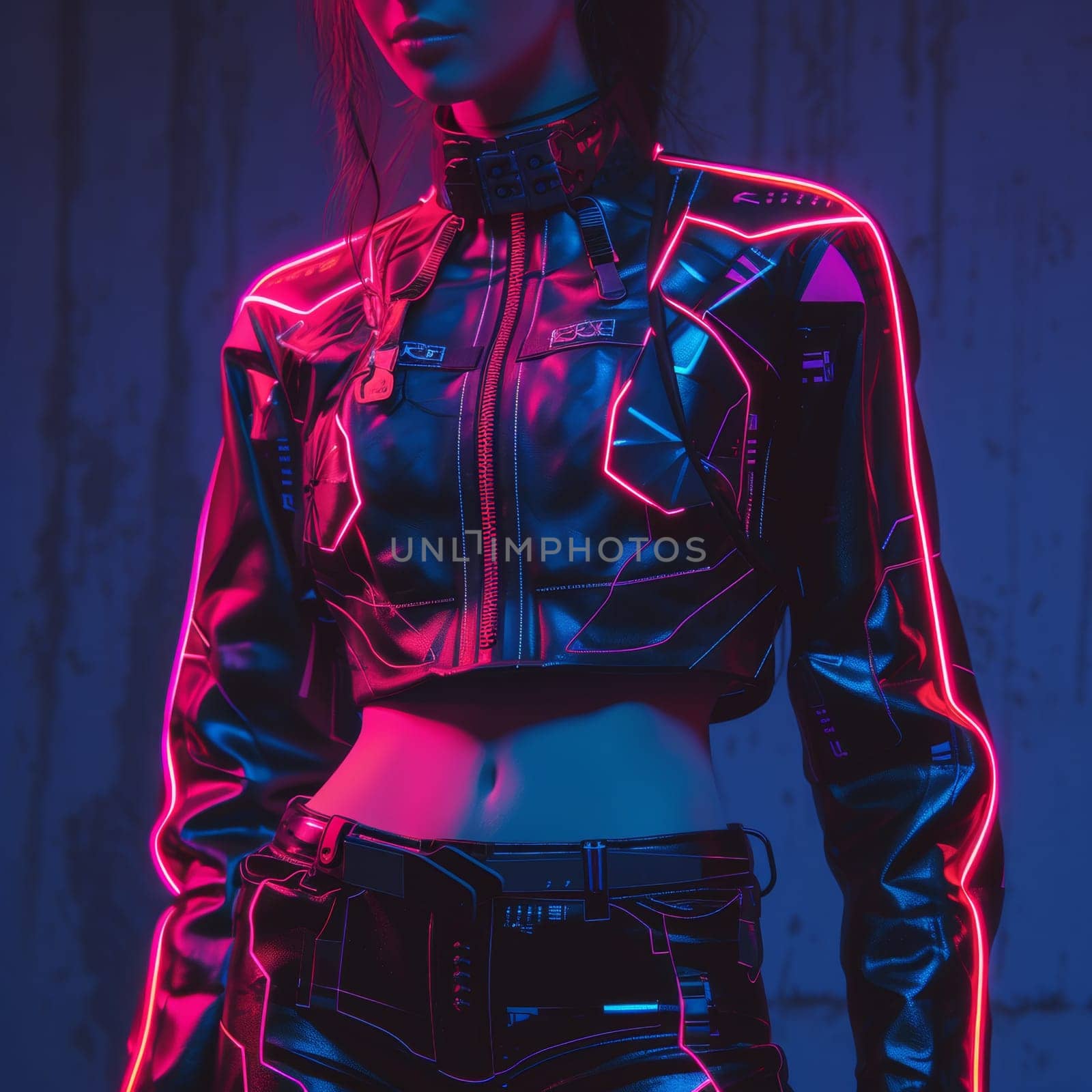 A woman in a futuristic outfit with neon lights on her