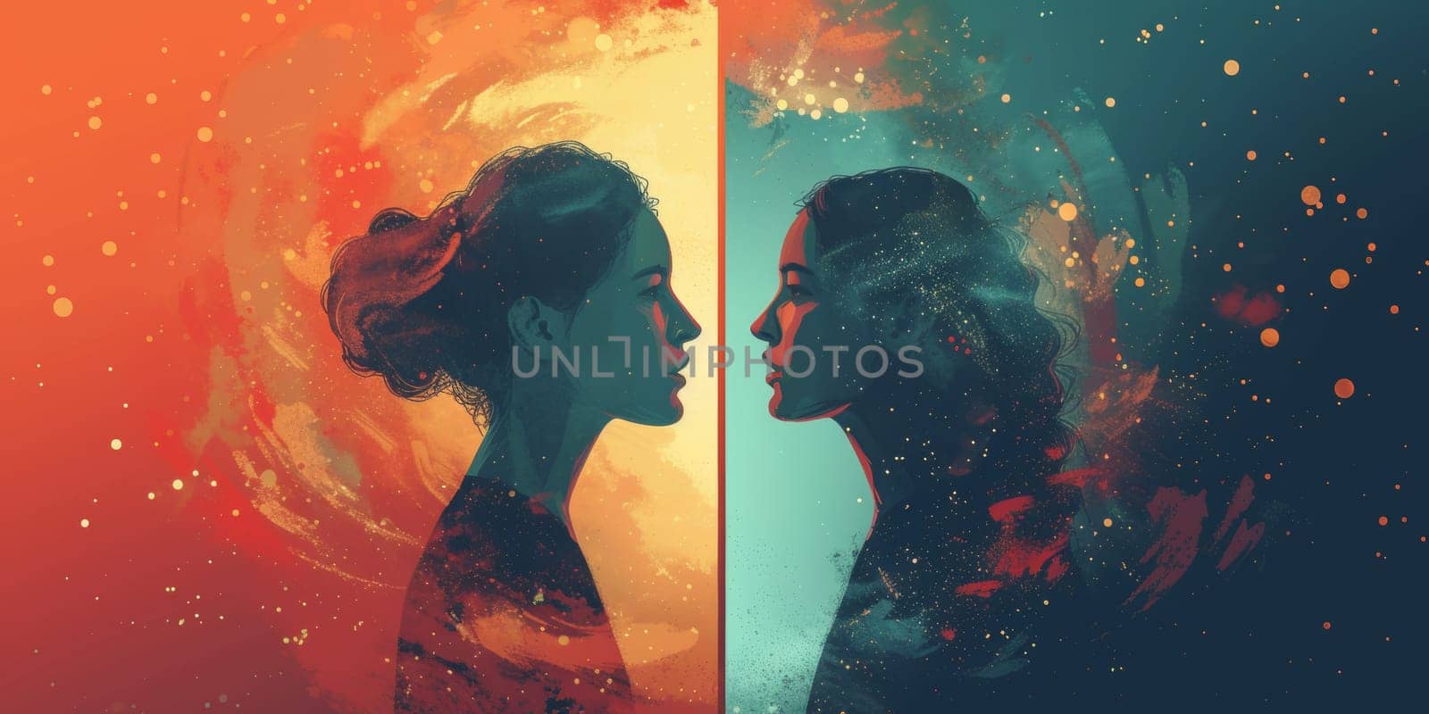 Two women facing each other with a swirl of colors behind them, AI by starush