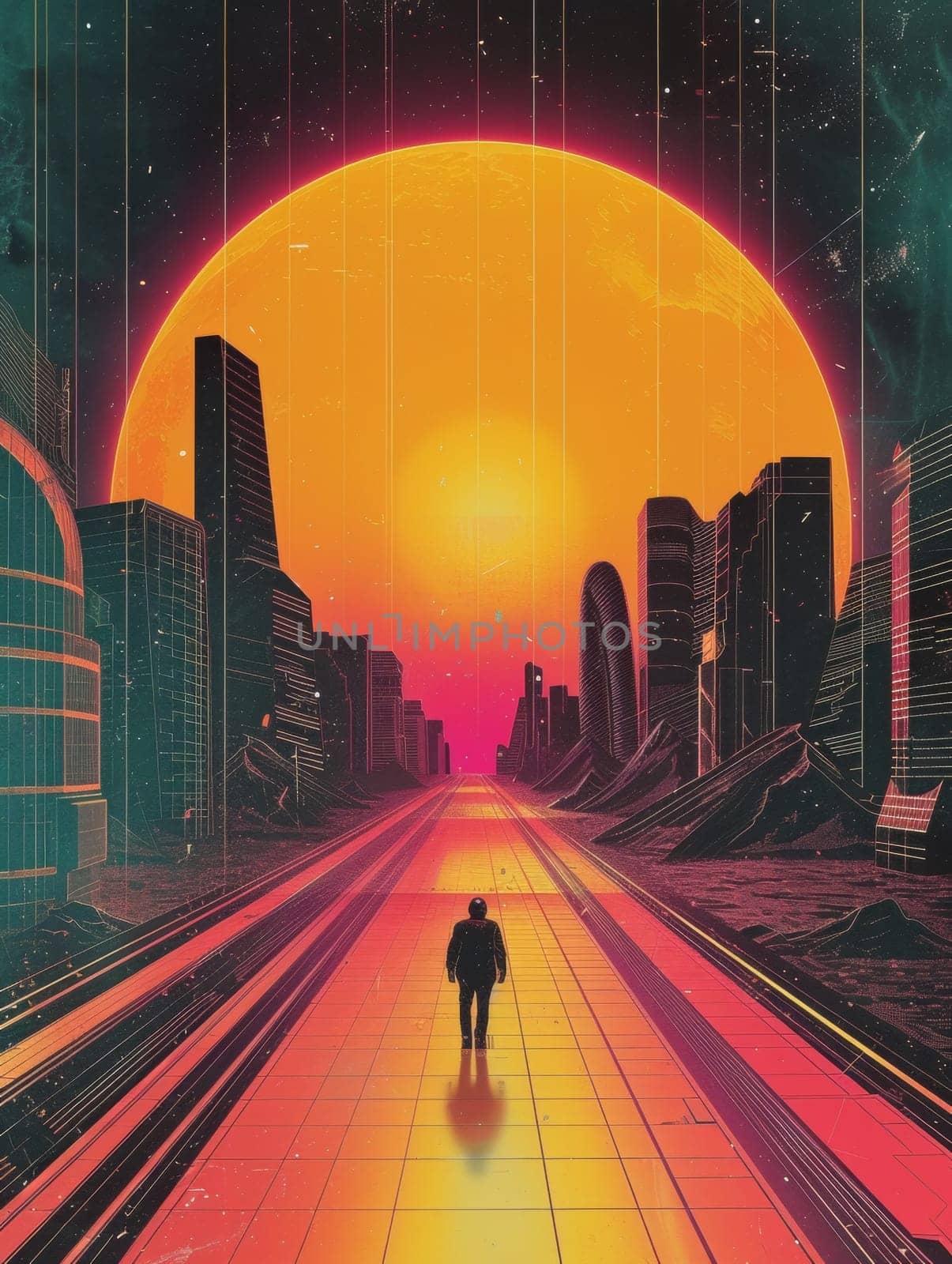 A man walking down a street in front of an orange sun, AI by starush