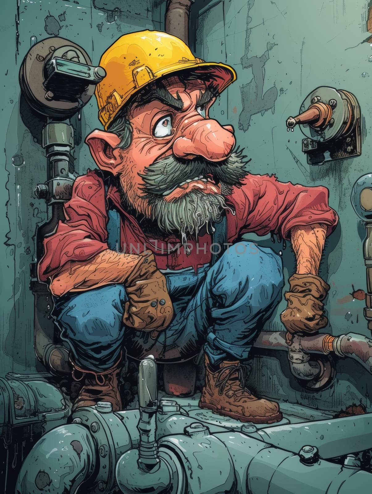 A cartoon illustration of a man in hard hat and overalls, AI by starush