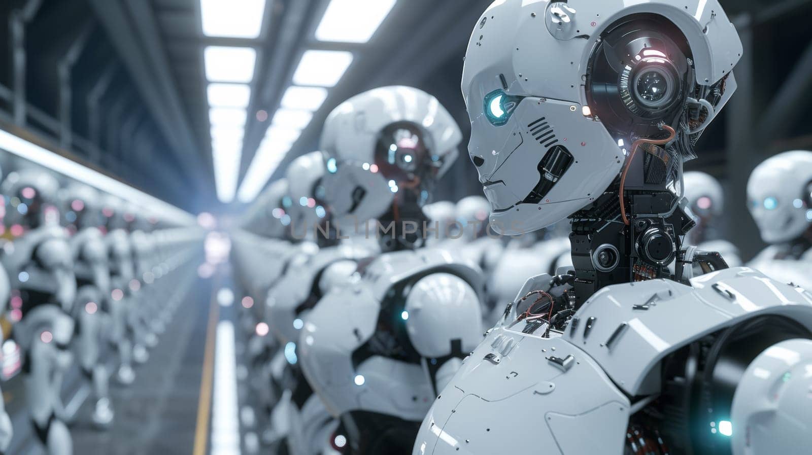 A row of robots lined up in a warehouse with lights on