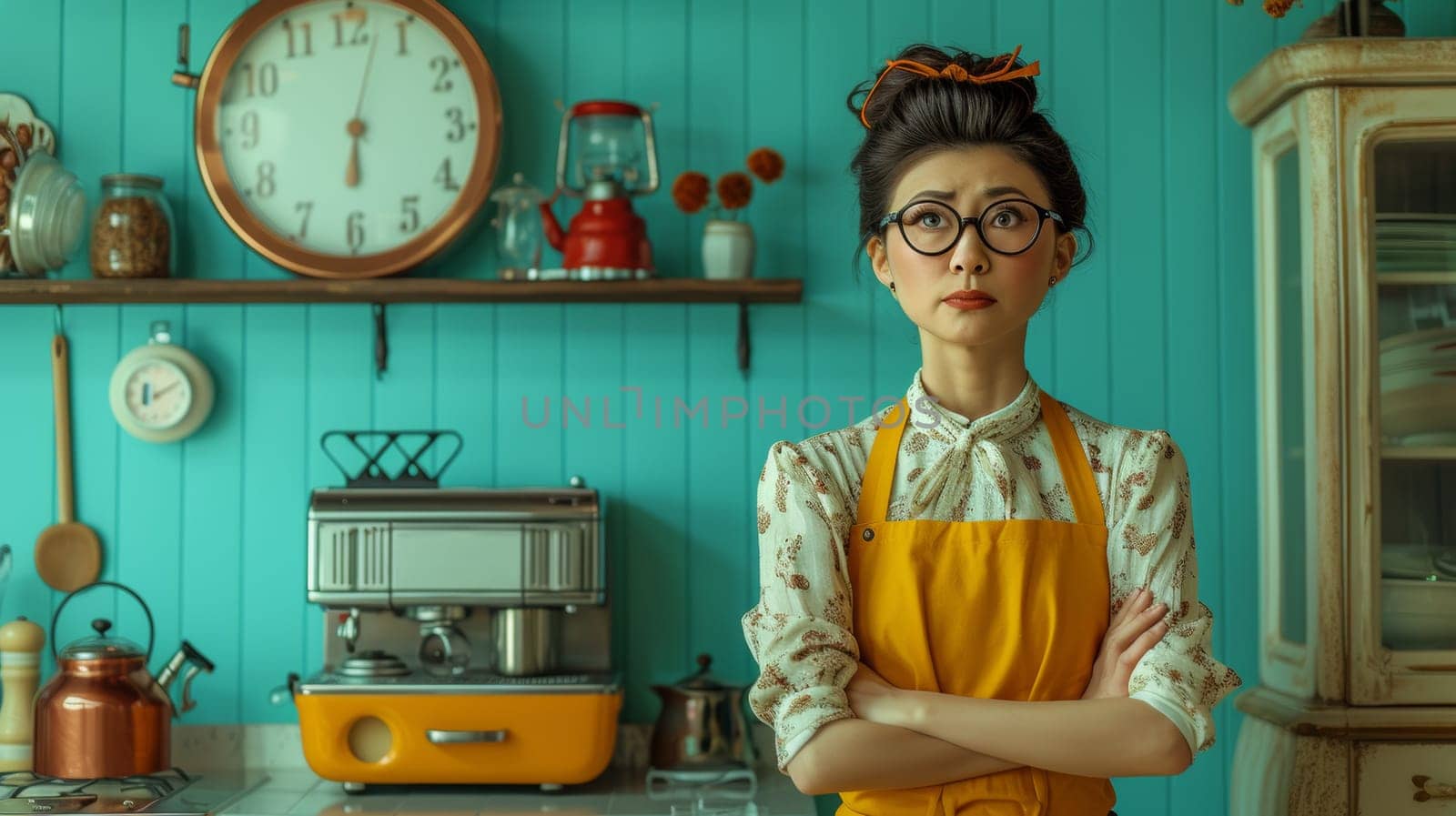 A woman with apron standing in front of kitchen counter, AI by starush