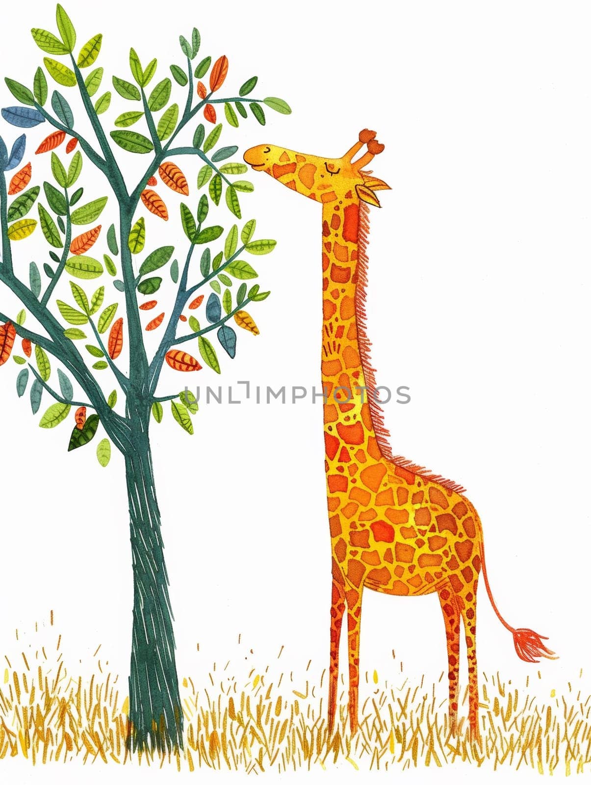 A giraffe eating leaves from a tree in the grass, AI by starush