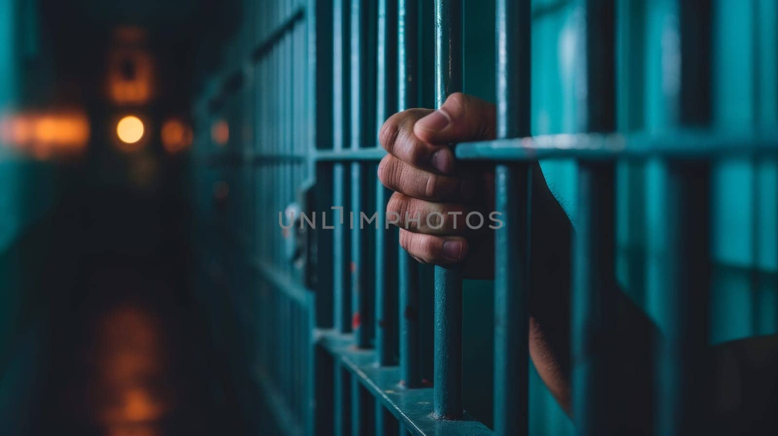 A person's hand is behind bars in a jail cell
