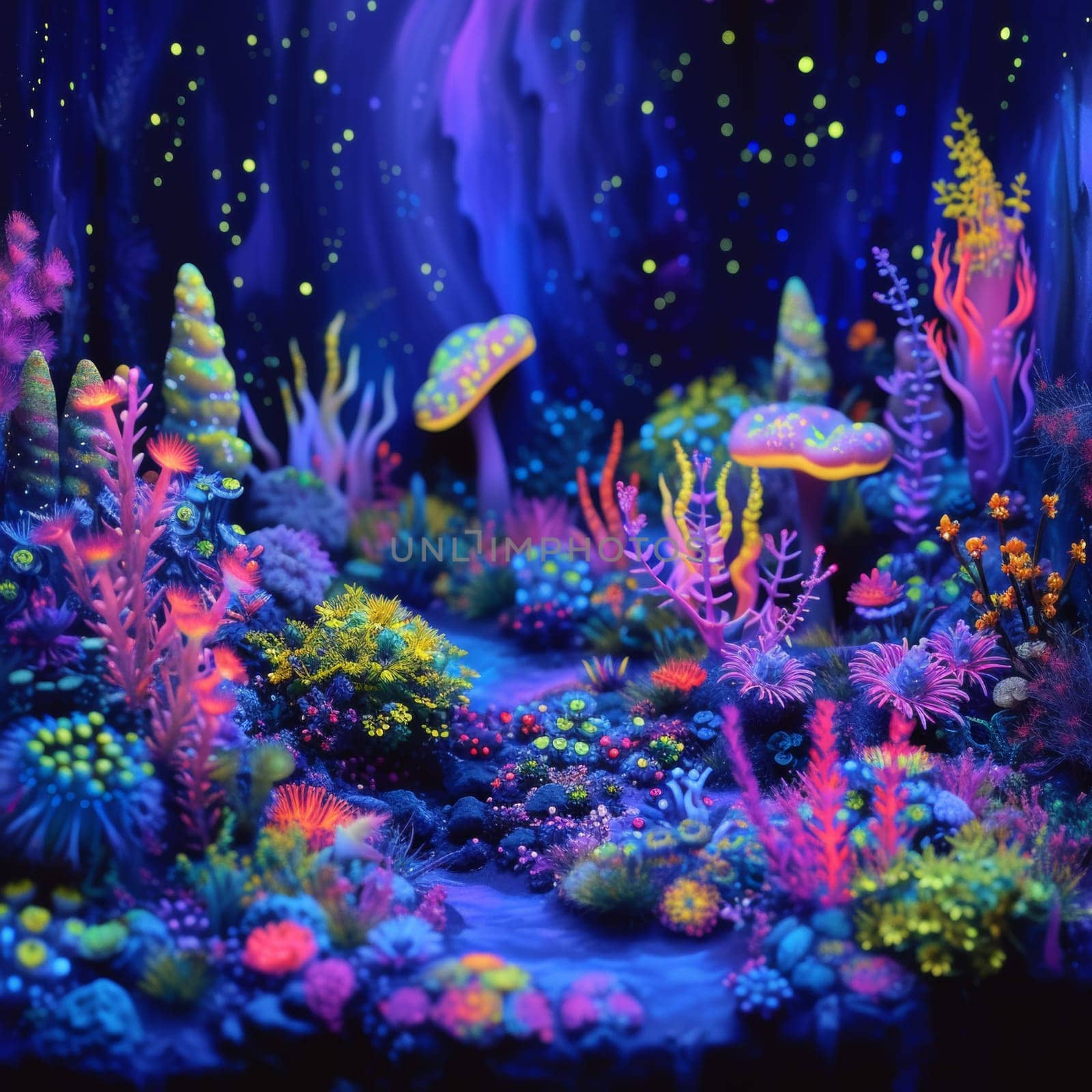 A painting of a colorful underwater scene with mushrooms and plants
