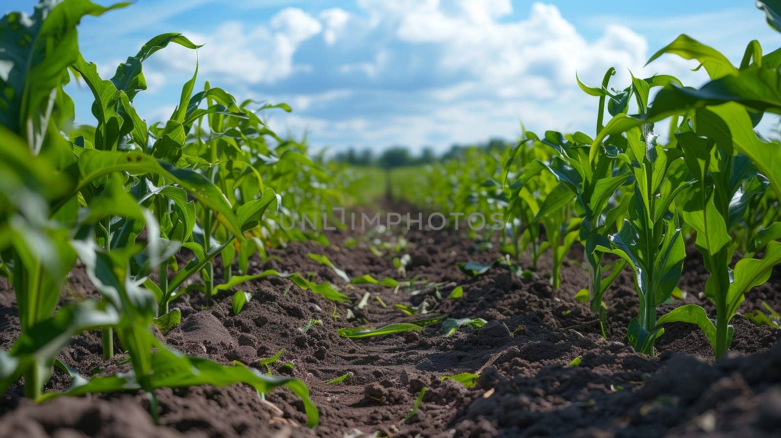 A field of corn plants growing in the dirt with clouds above