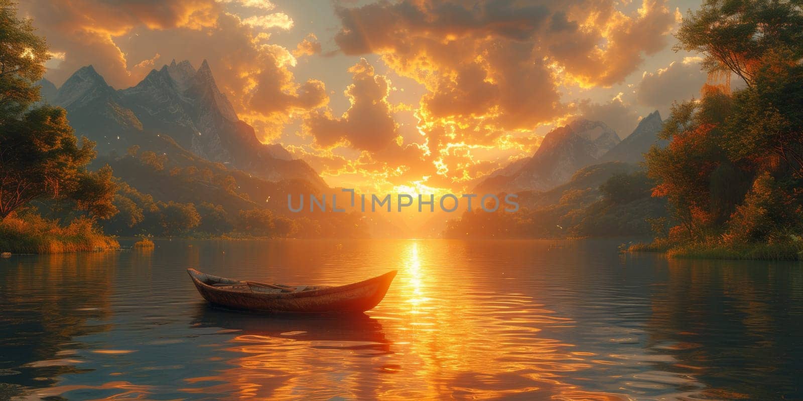 A boat on a lake at sunset with mountains in the background, AI by starush