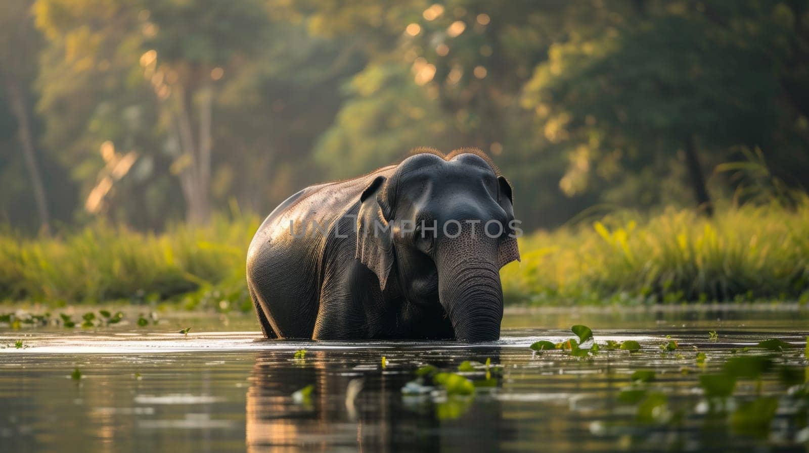 An elephant is walking in the water with grass and trees behind it