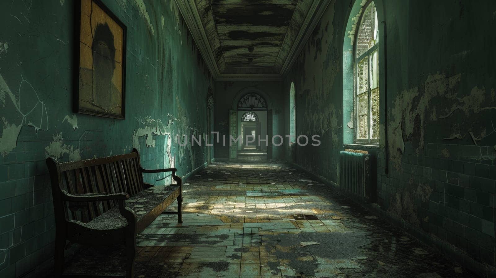 A long hallway with a bench and windows in the wall, AI by starush