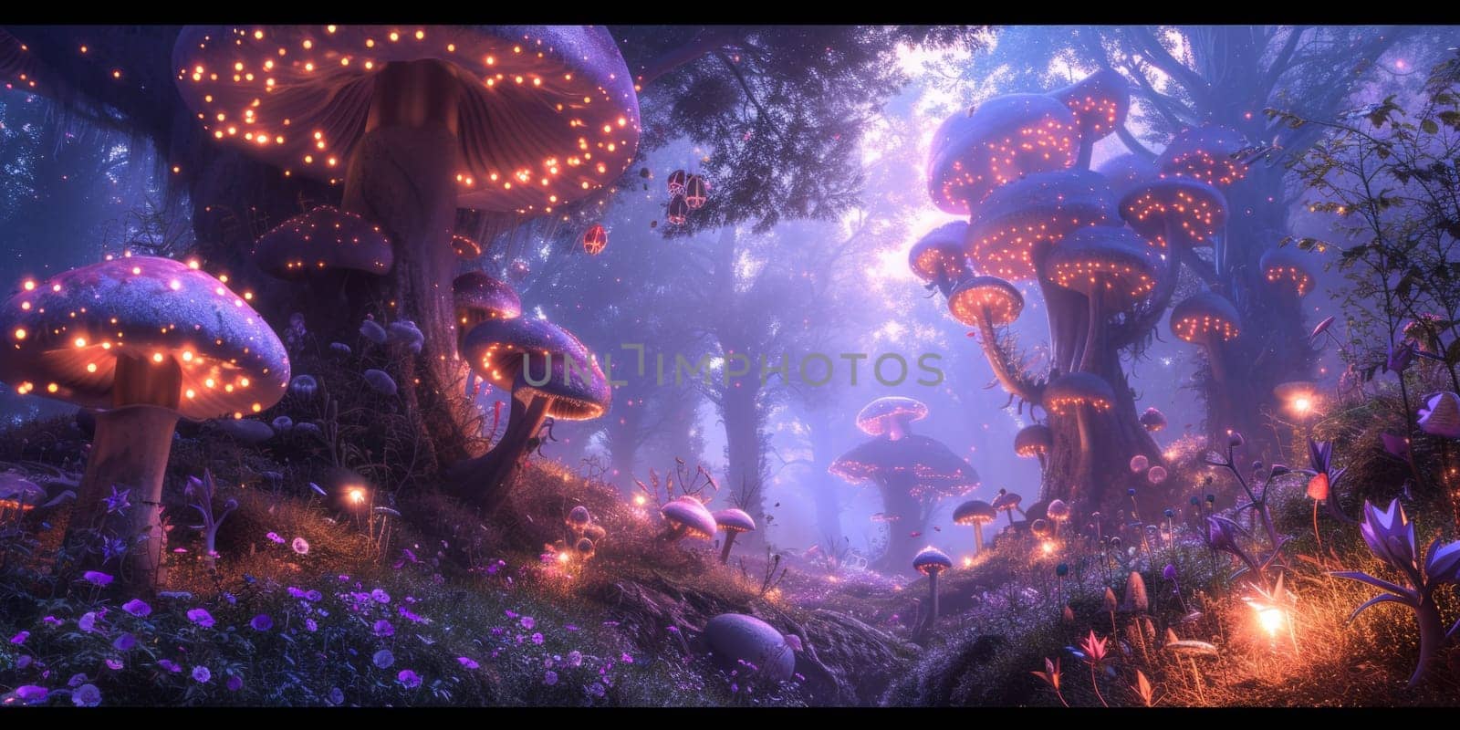 A forest filled with mushrooms and fairy lights in the night, AI by starush