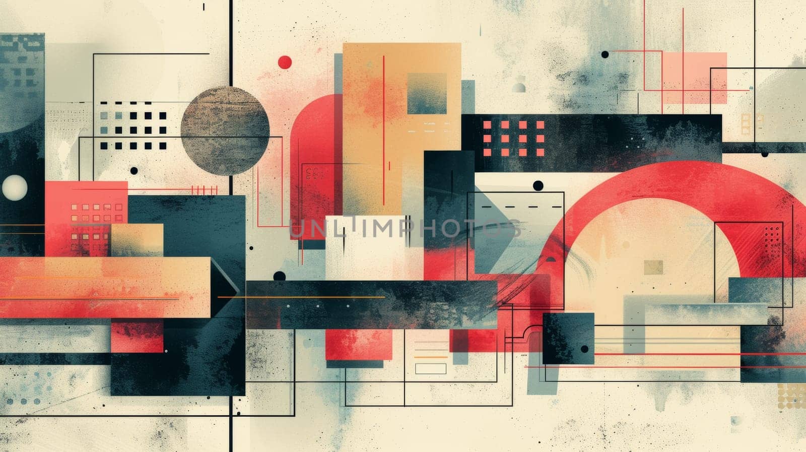 A painting of a cityscape with abstract shapes and colors, AI by starush