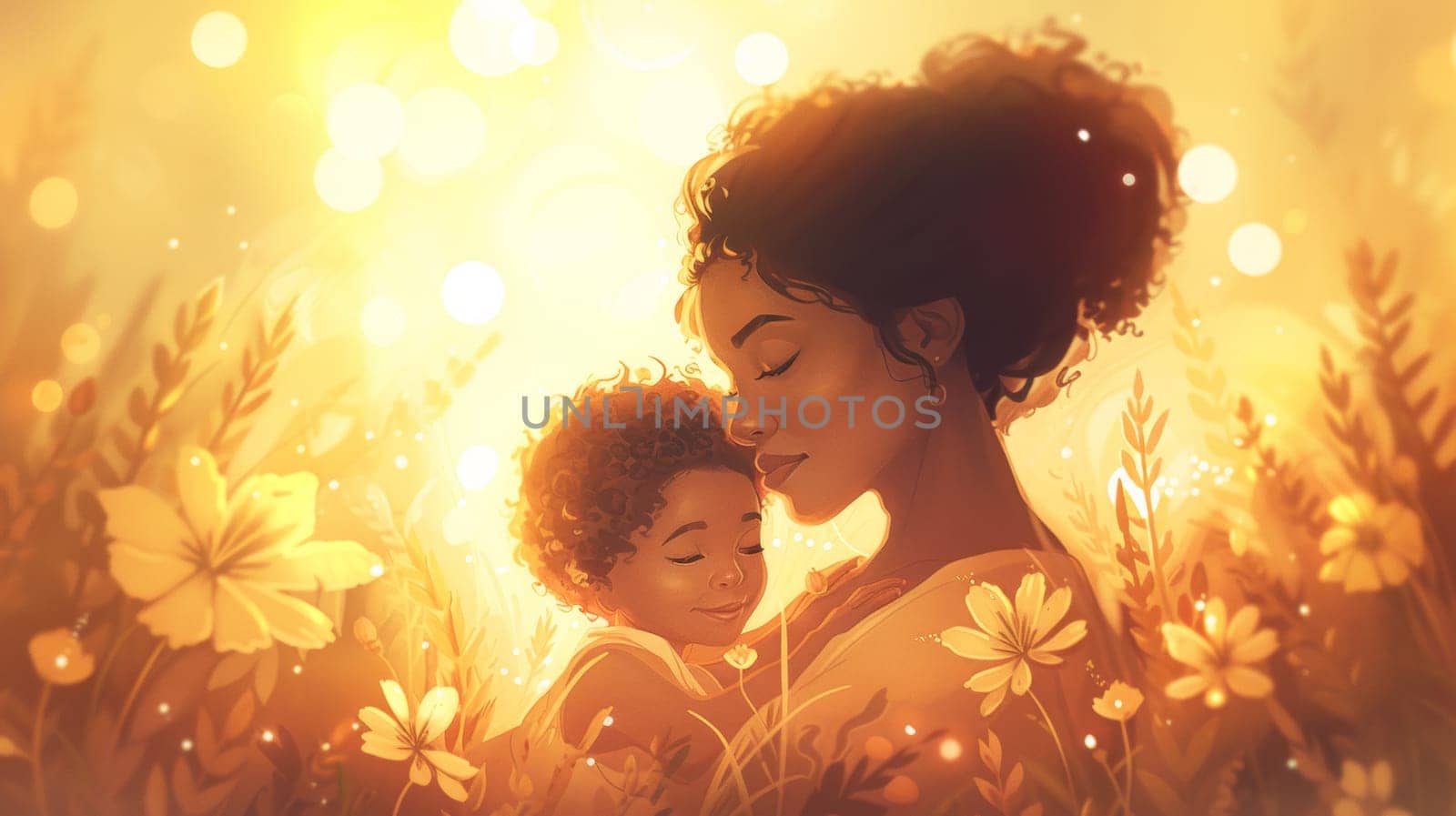 A woman and child in a field of flowers with golden sun, AI by starush