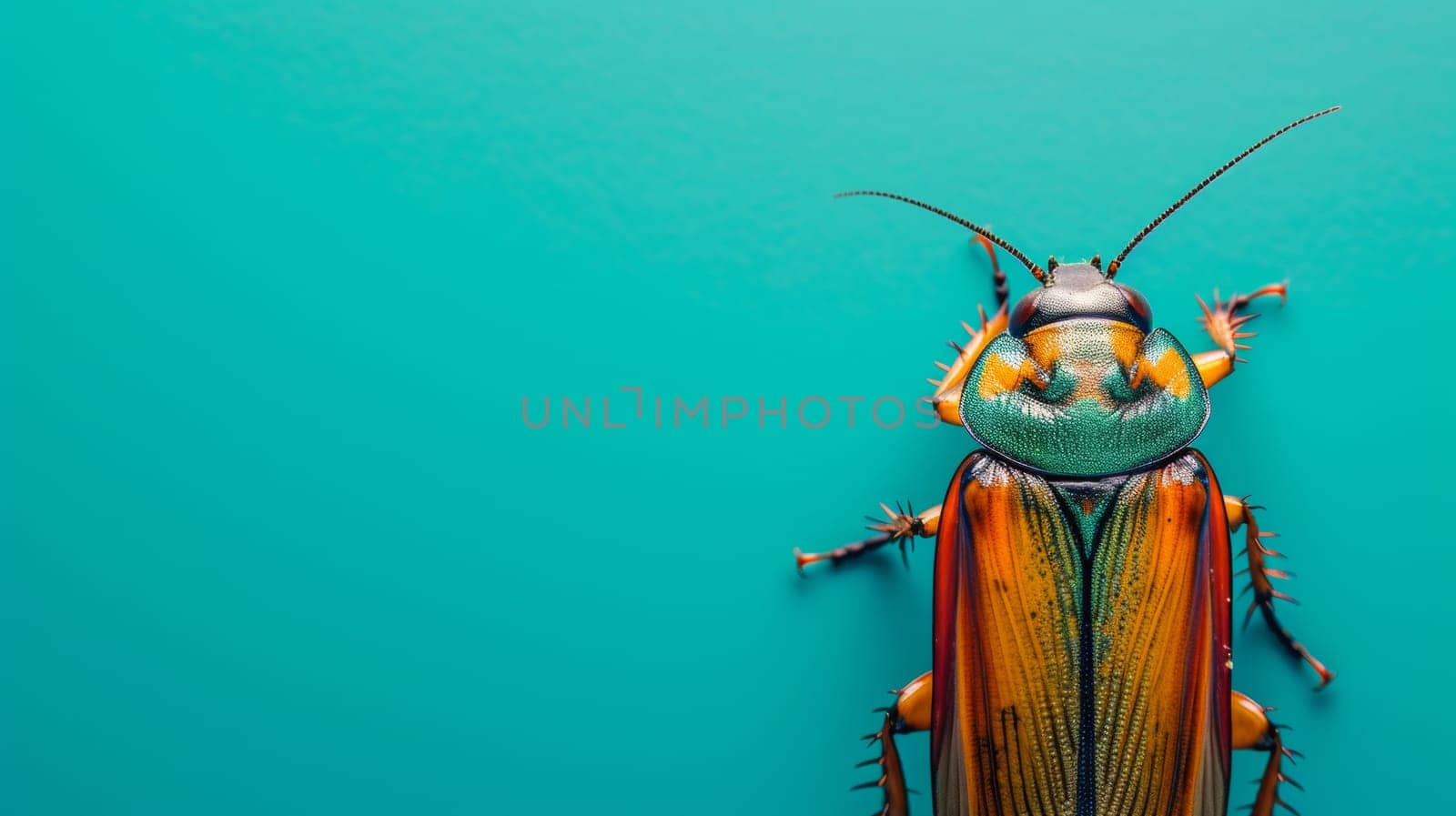 A close up of a bug on the blue background