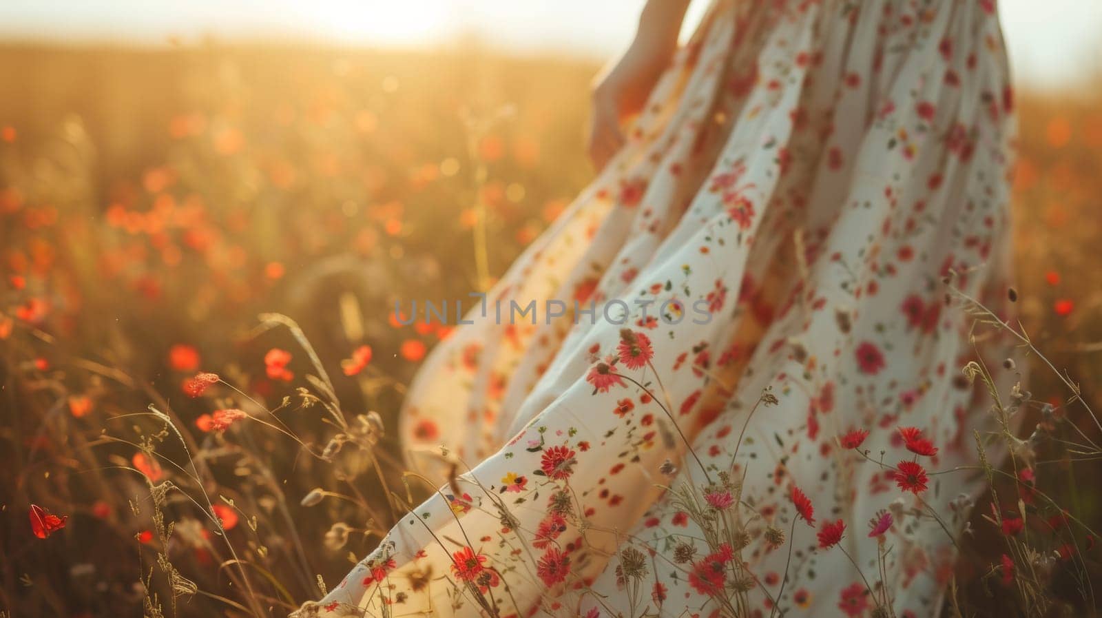 A woman in a dress walking through tall grass with flowers, AI by starush