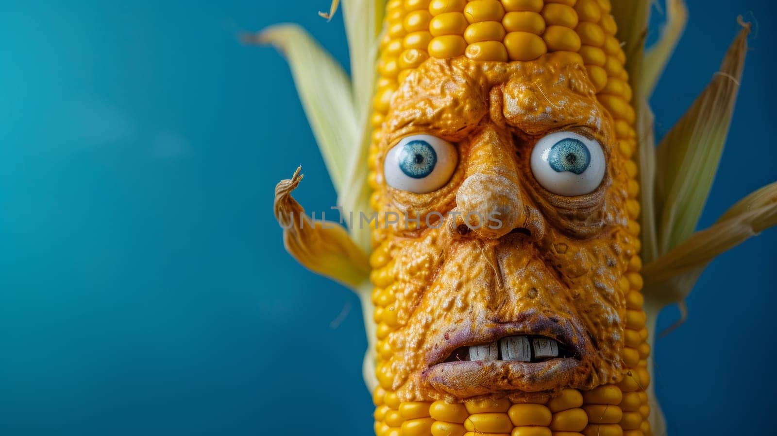 A close up of a corn cob with an angry face on it, AI by starush