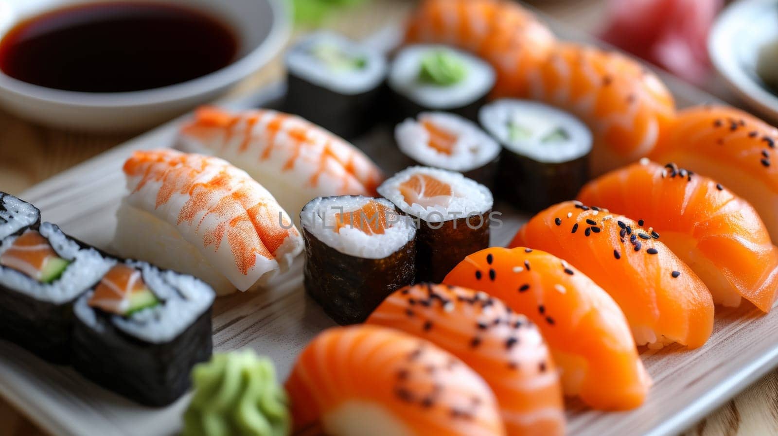 A plate of sushi with different types and colors on it
