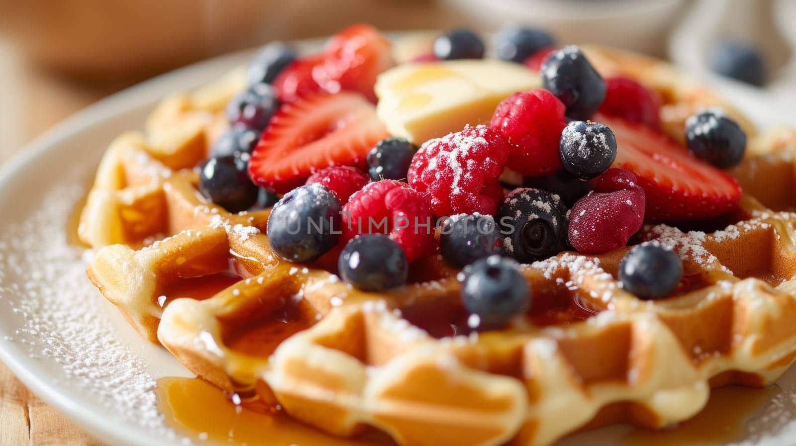 A waffle with berries and powdered sugar on a plate