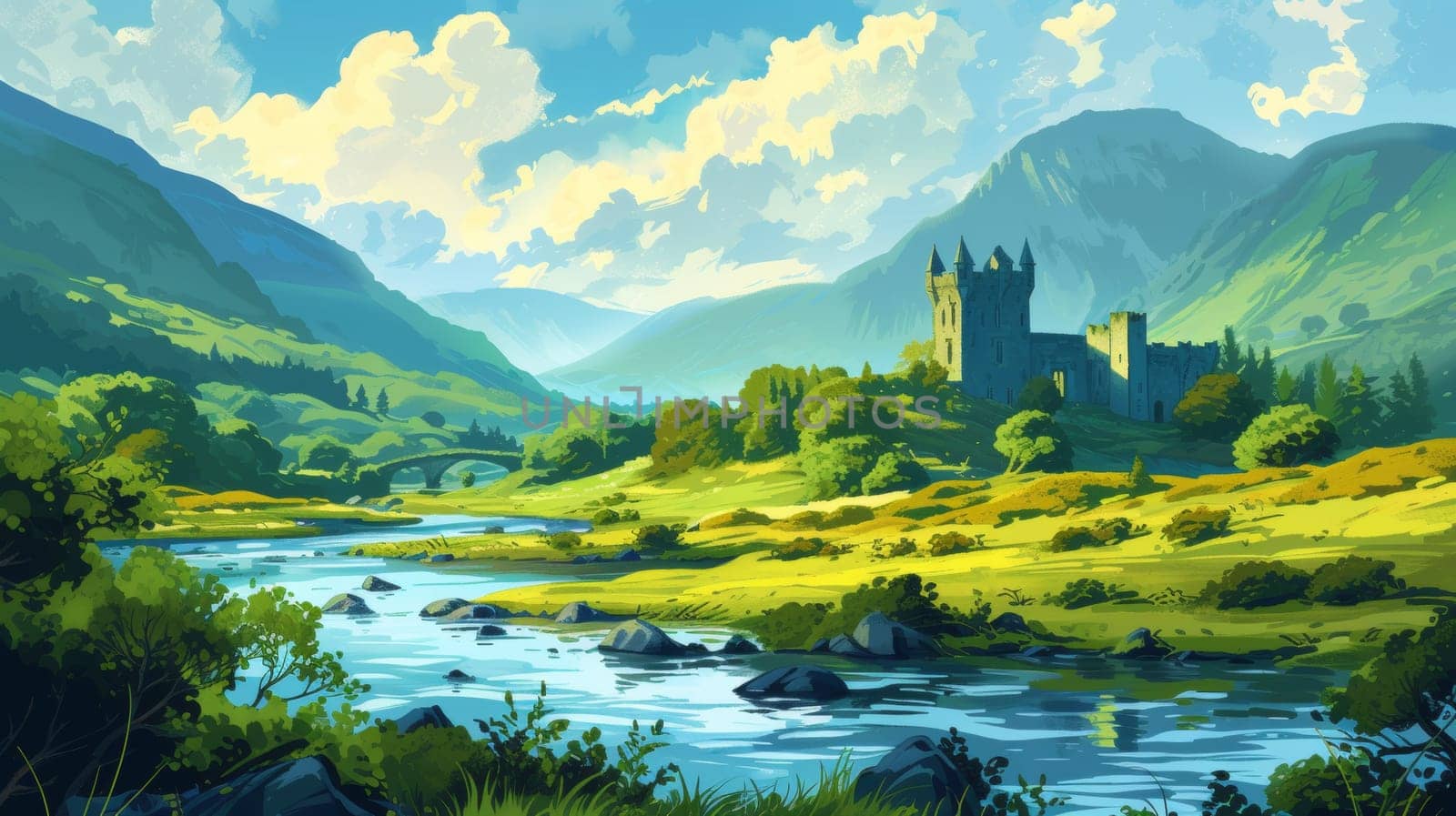 A painting of a castle in the distance surrounded by mountains