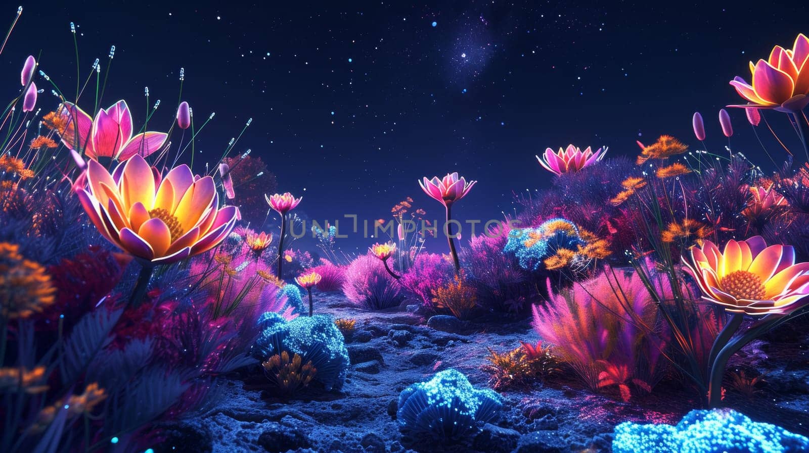 A field of flowers and plants with a bright blue sky, AI by starush