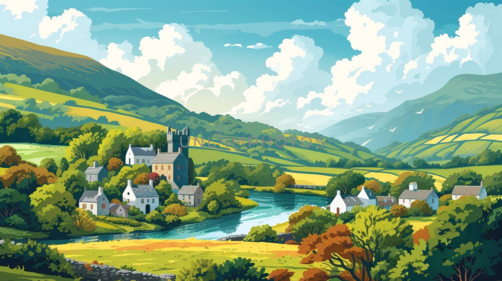 A painting of a village with trees and hills in the background, AI by starush