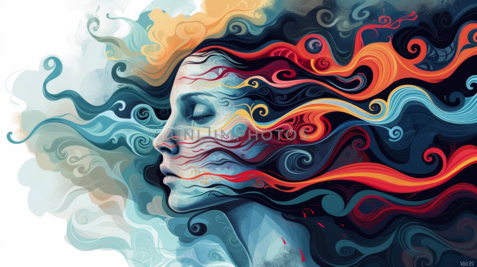 A woman with flowing hair and colorful swirls in her face