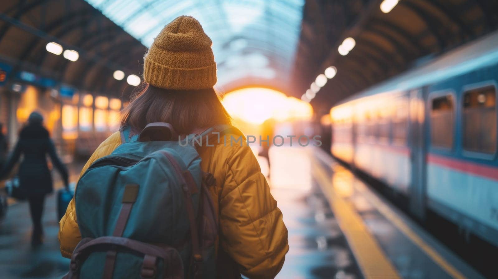A woman with a backpack standing in front of train