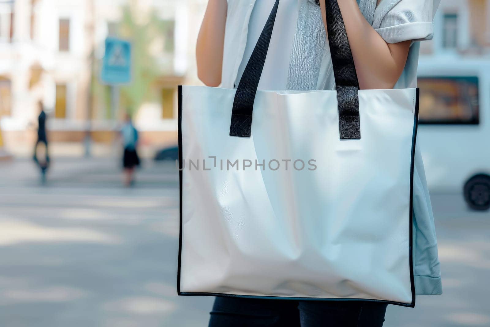 woman Hand holding a White Polyester square tote bag for mockup . AI generated image.