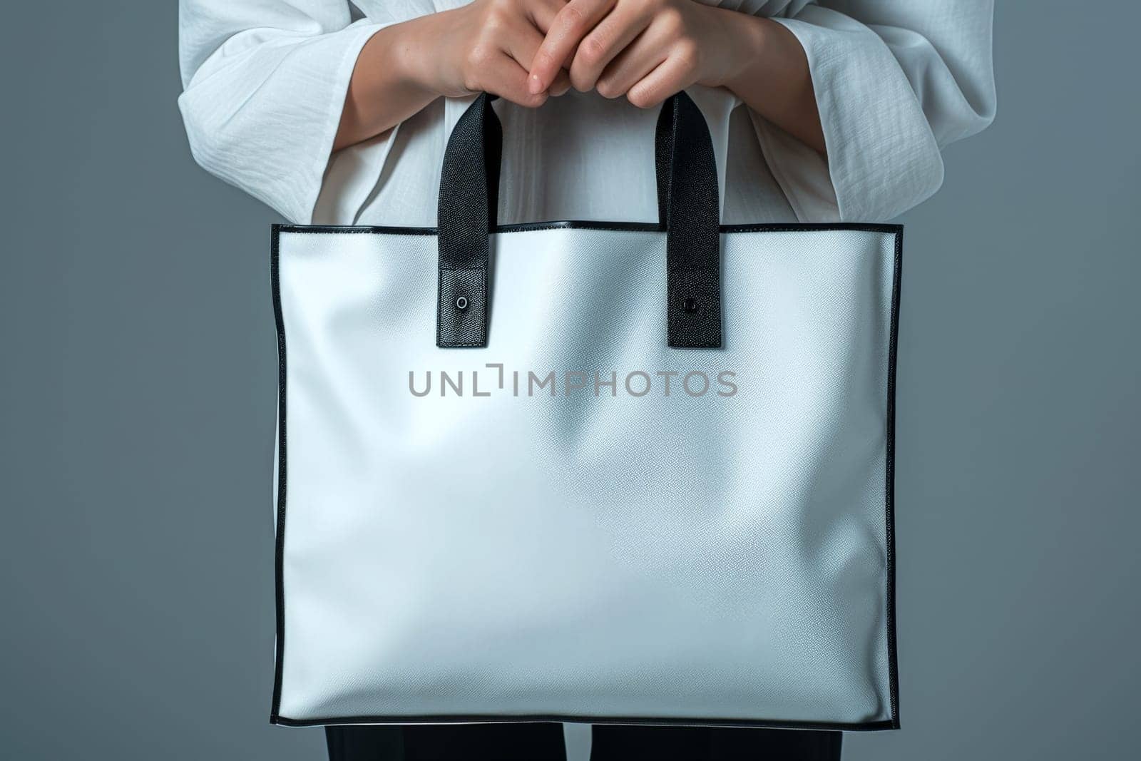 woman Hand holding a White Polyester square tote bag for mockup . AI generated image.