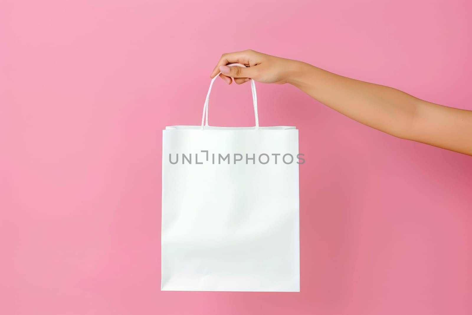 woman Hand holding white Shopping bag for mockup . AI generated image.