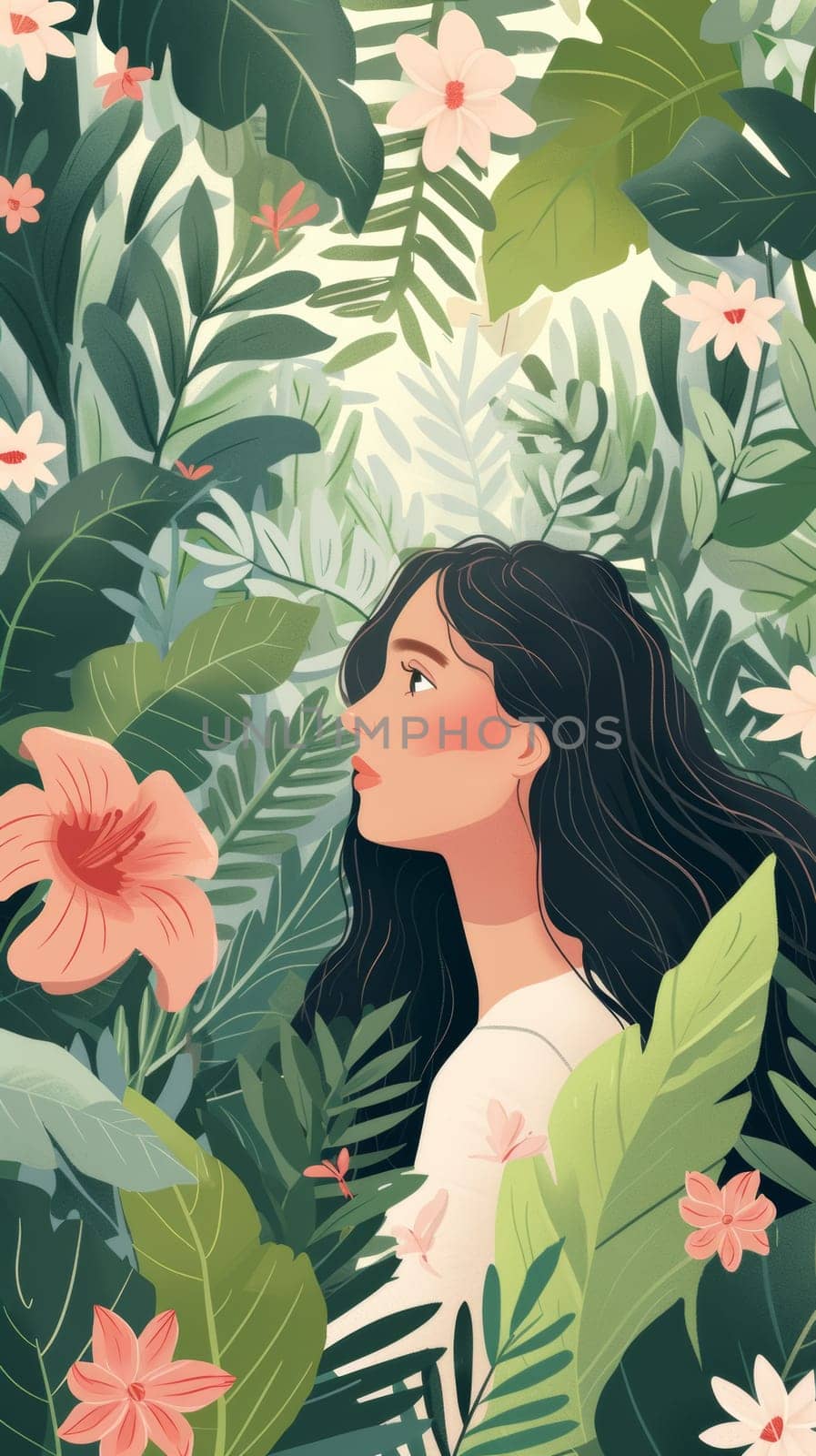 A woman in a tropical forest surrounded by flowers and leaves