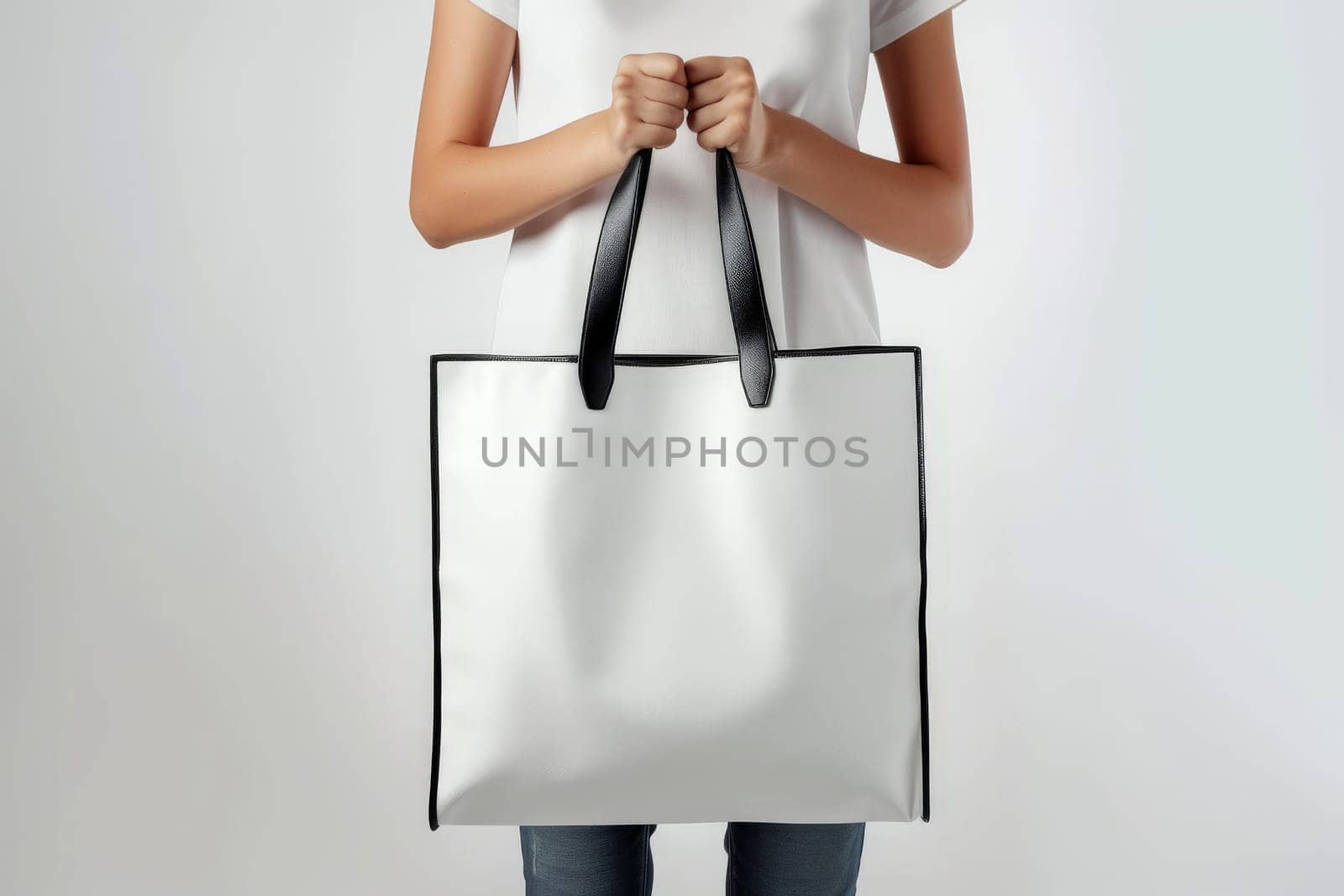 woman Hand holding a White Polyester square tote bag for mockup . AI generated image by matamnad