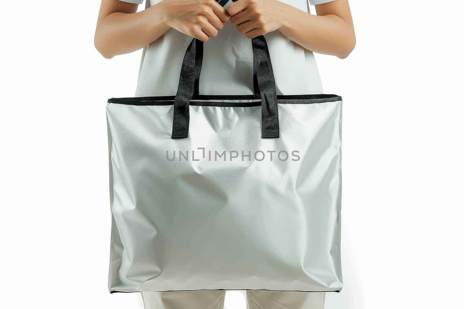 woman Hand holding a White Polyester square tote bag for mockup . AI generated image.