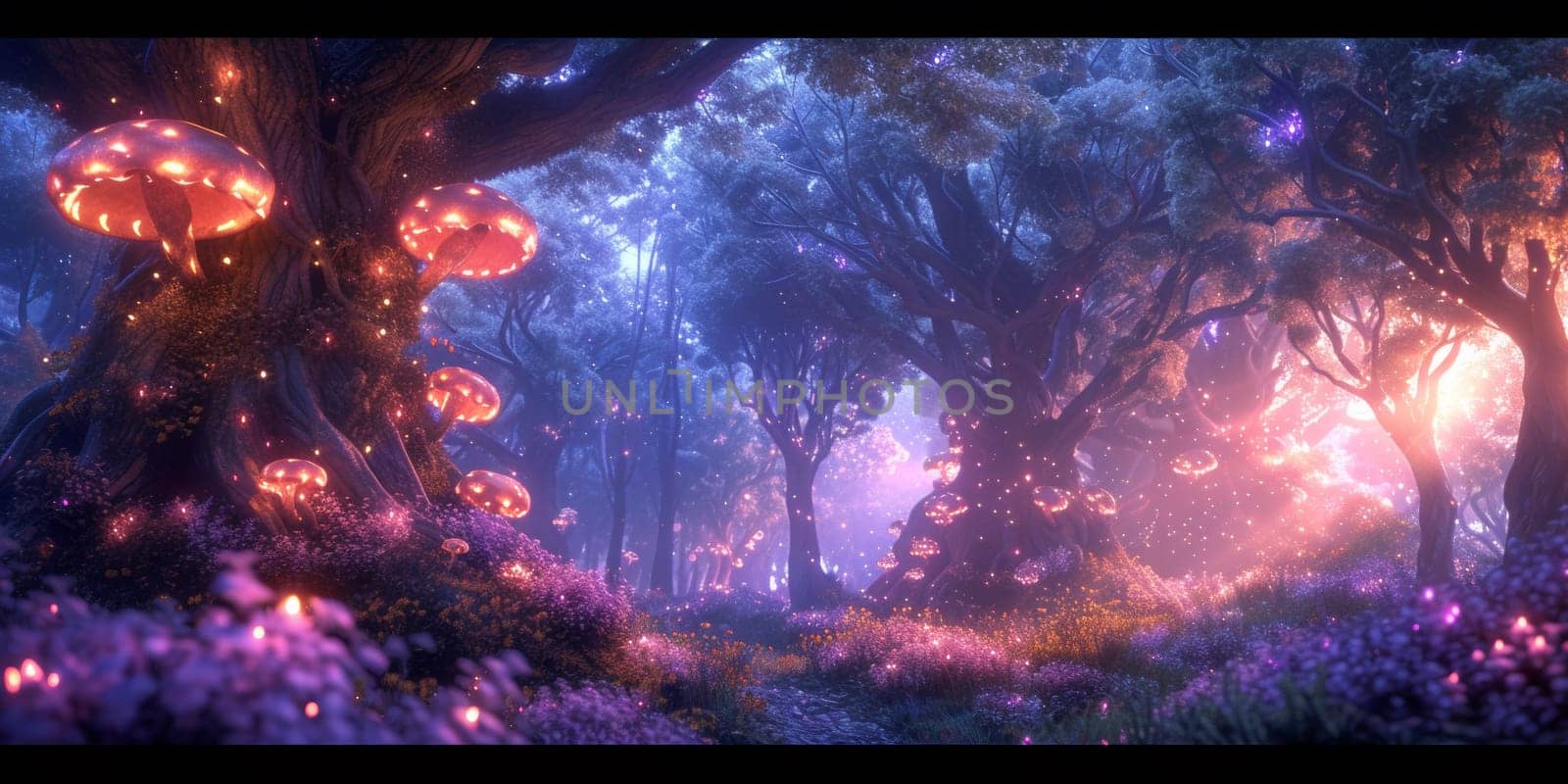 A forest with glowing mushrooms and trees in the middle, AI by starush