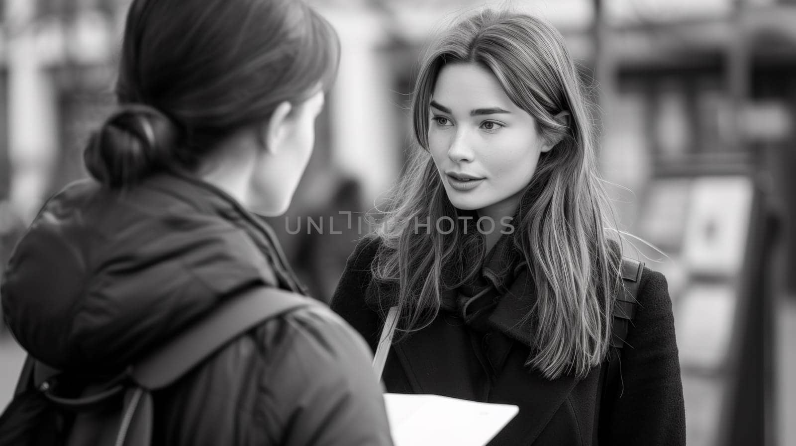 A woman talking to another person in a black and white photo