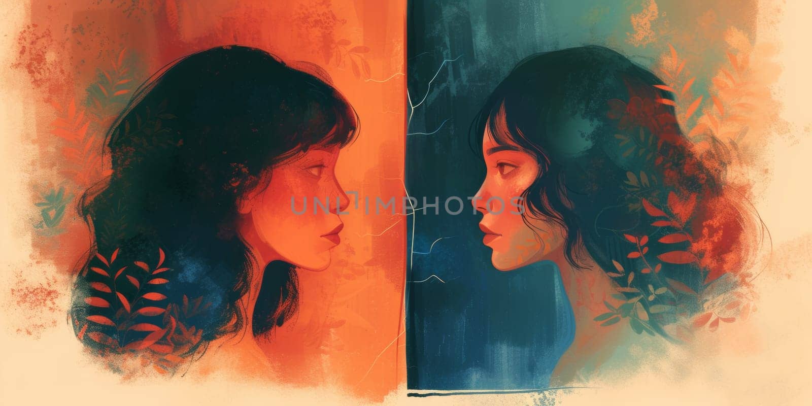 Two women with different colored hair are looking at each other, AI by starush