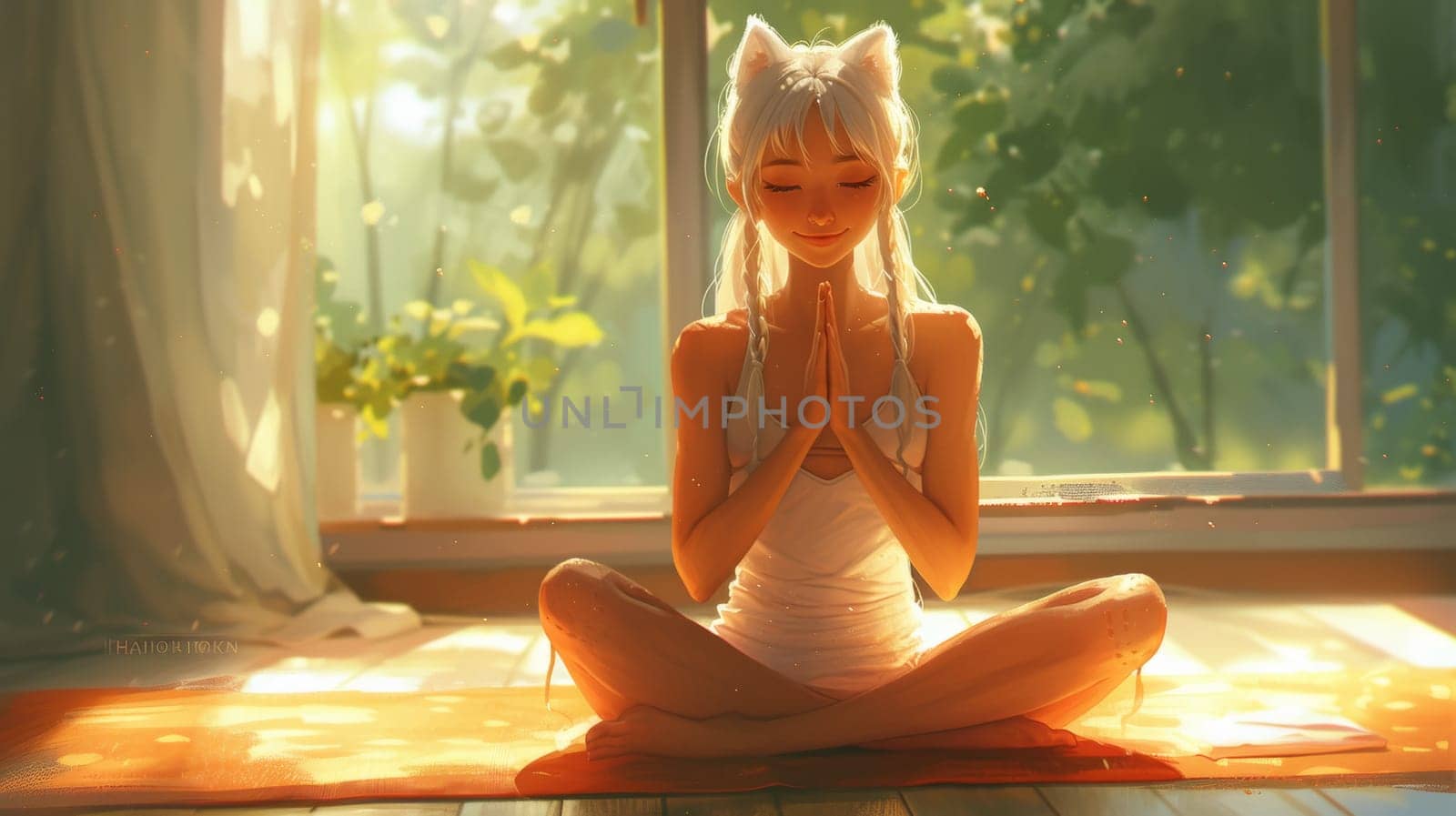 A woman in white sitting on floor meditating with hands folded, AI by starush