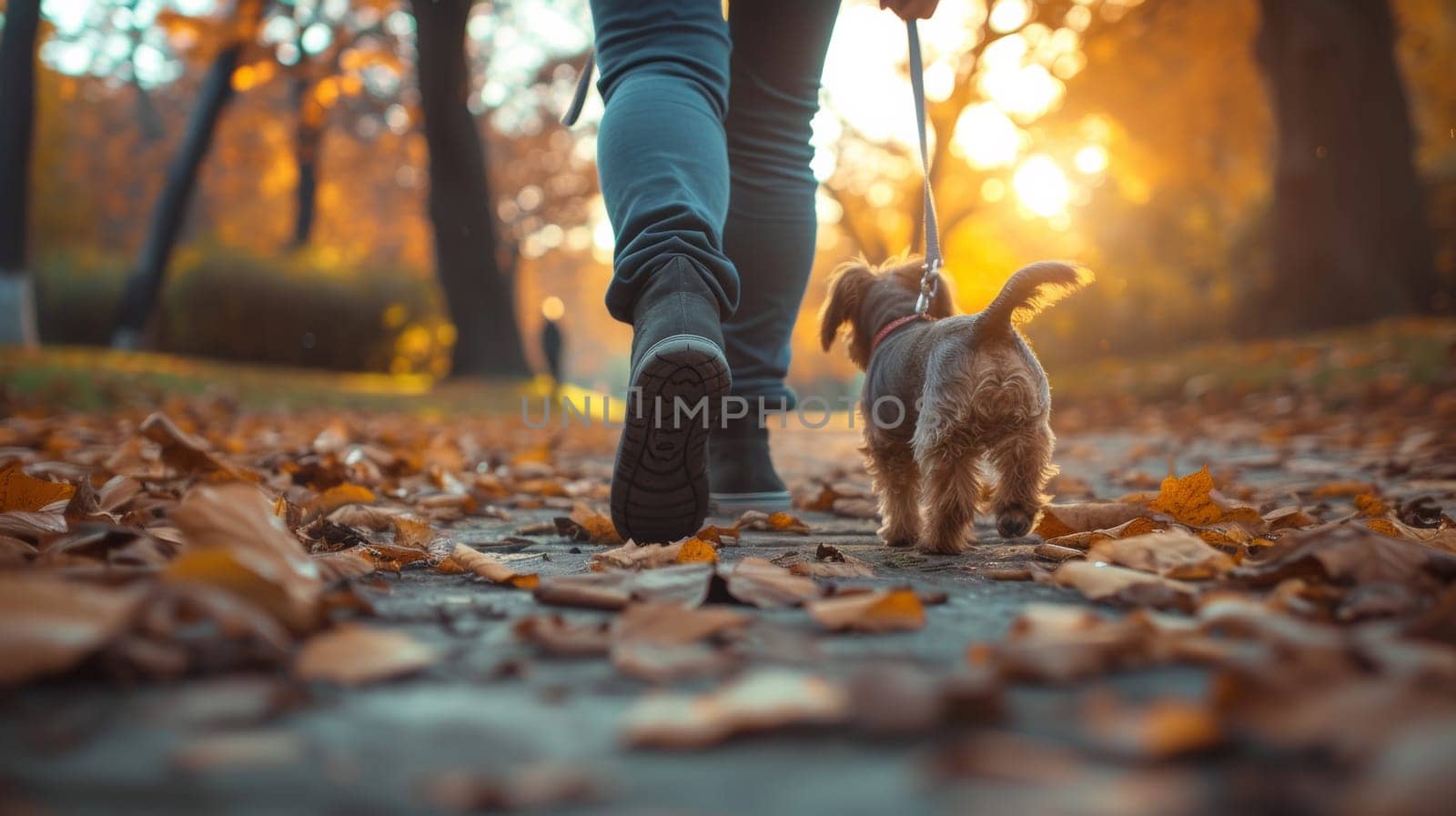 A person walking a small dog on leash in the fall