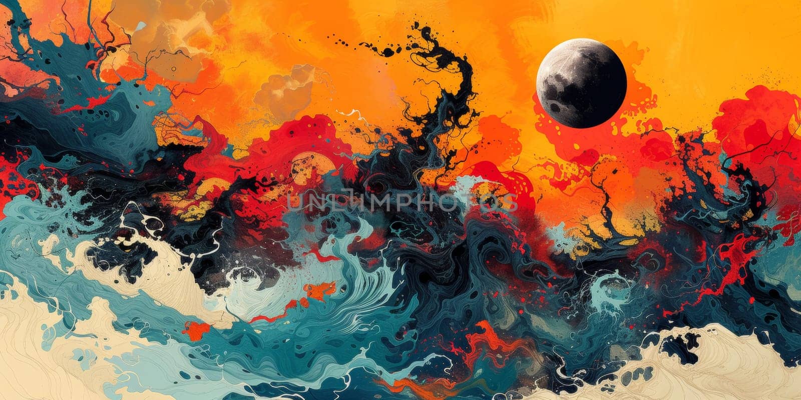 A painting of a moon and waves in an abstract style