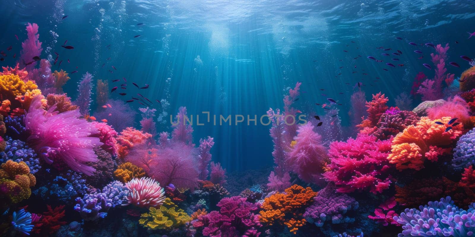 A colorful coral reef with sunlight shining through the water
