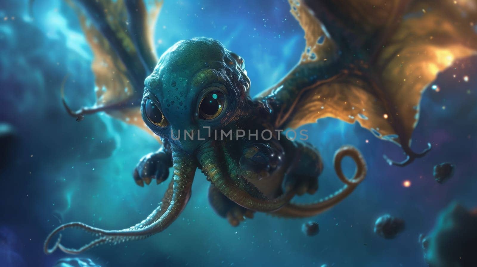 A close up of a dragon with large eyes and long tentacles