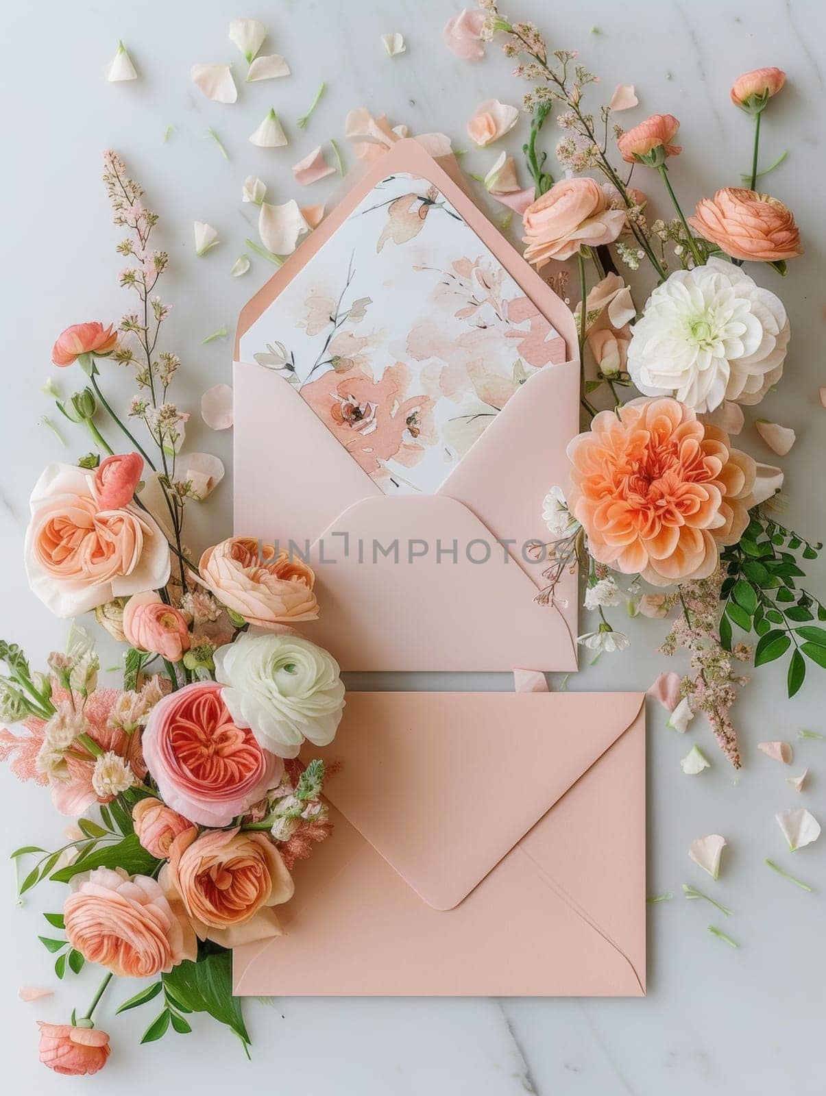 A pink envelope with a white card and flowers
