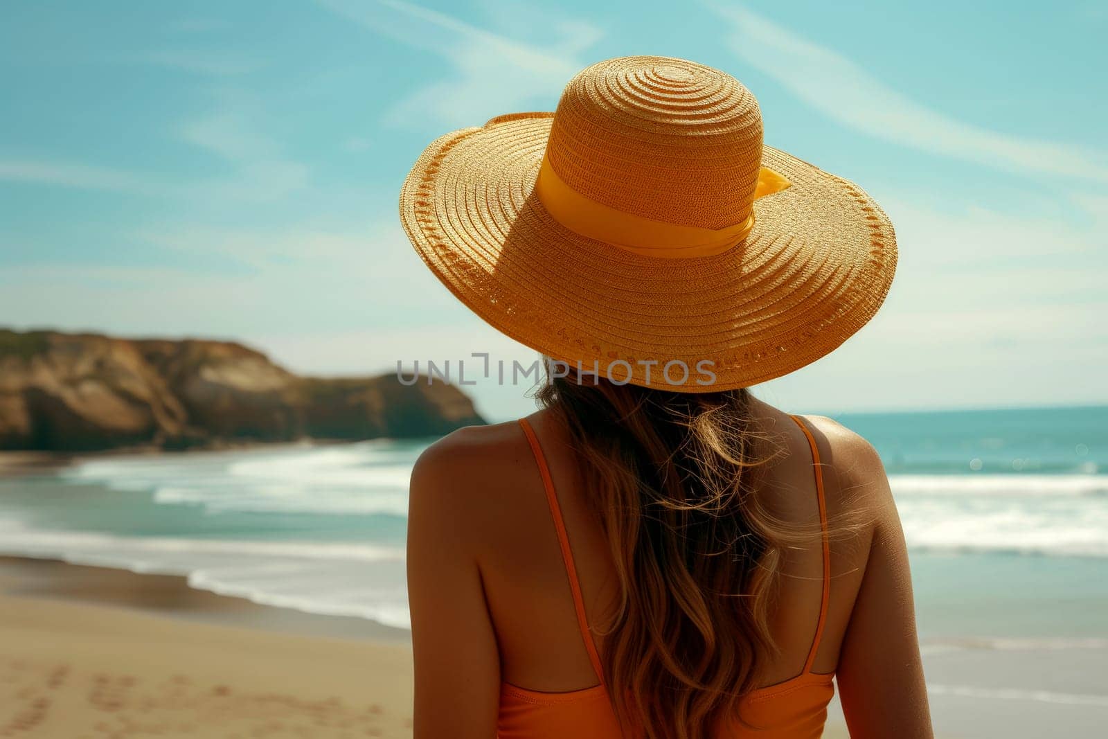 A woman in a hat is on the beach . summer vacation concept. nice weather, blue sky. Generative AI.