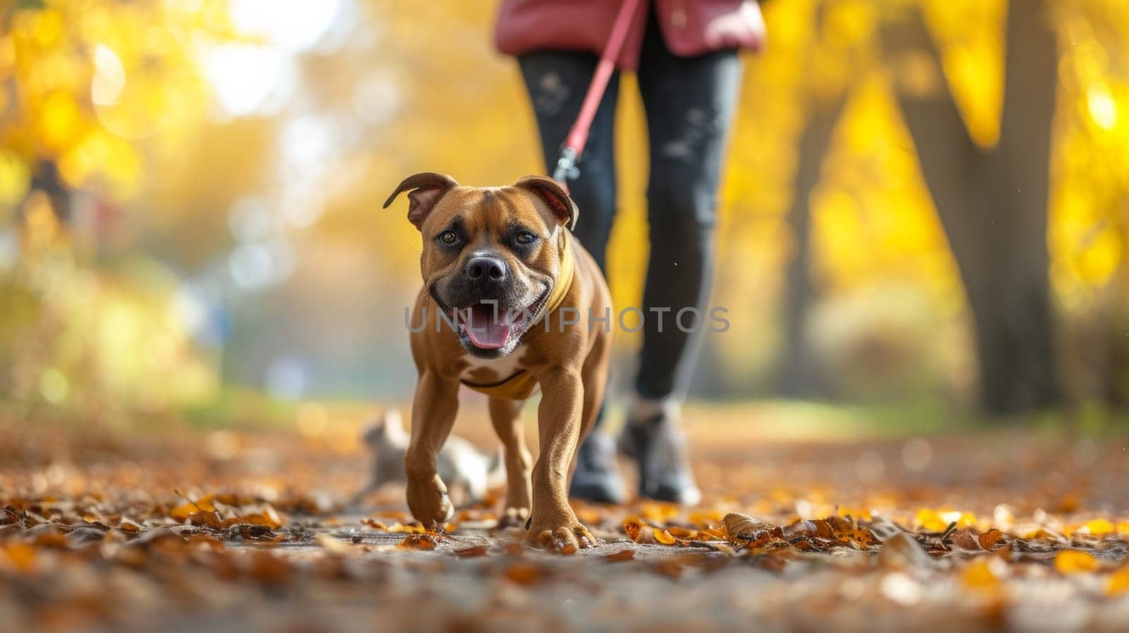 A dog walking on a leash in the fall leaves
