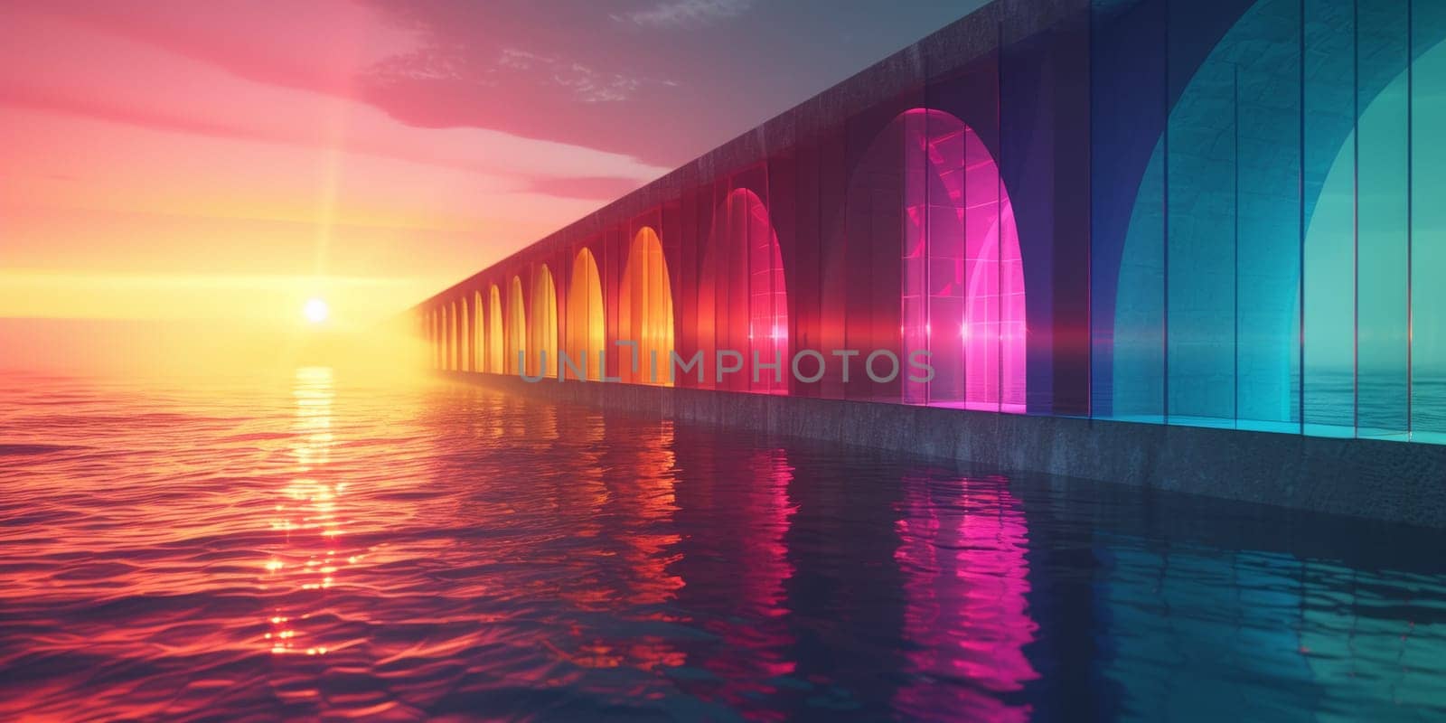 A colorful bridge over water with sunset in background
