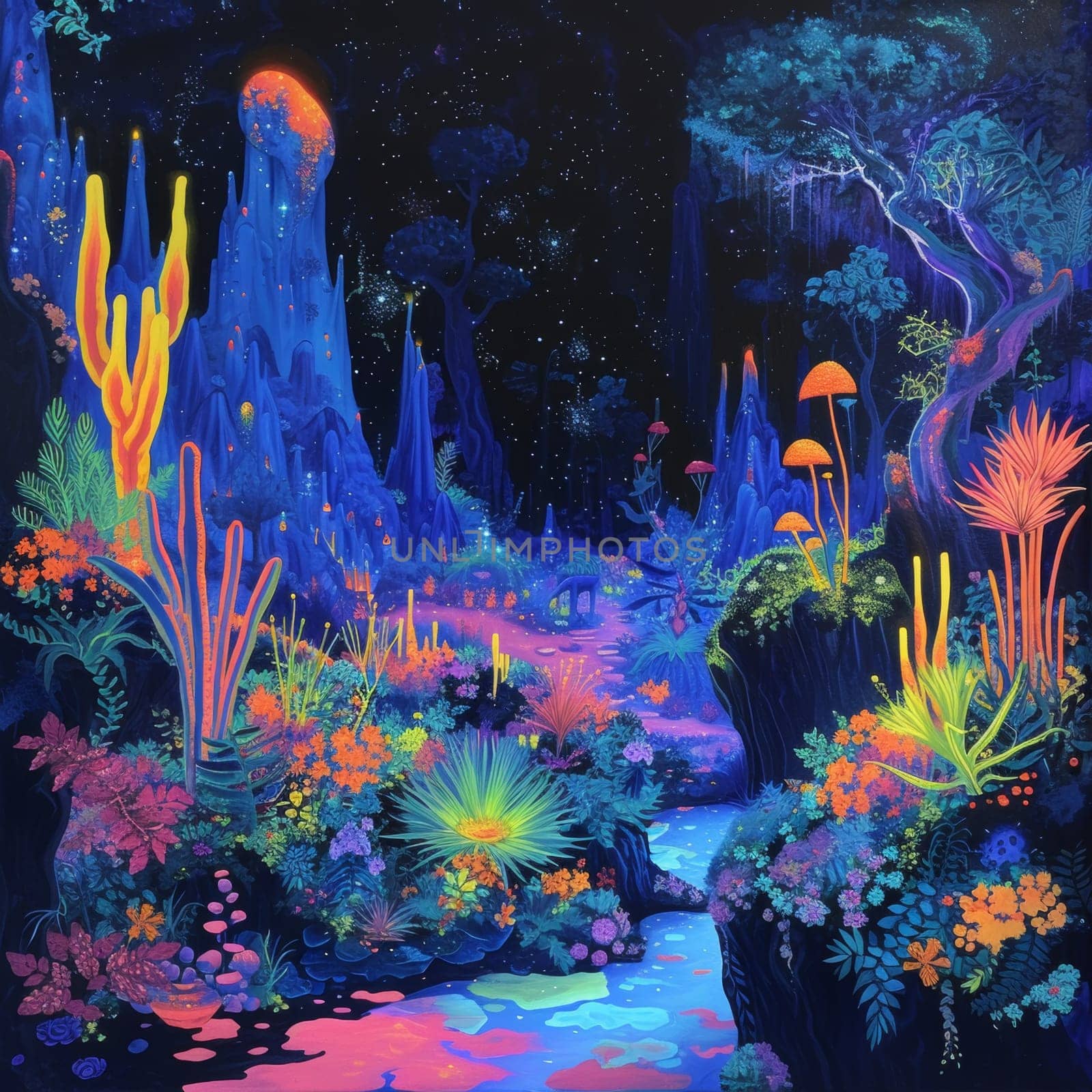 A painting of a colorful landscape with plants and trees