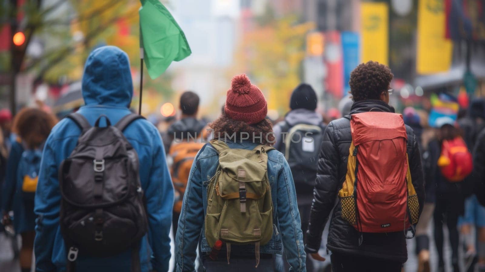 A group of people walking down a street with backpacks, AI by starush