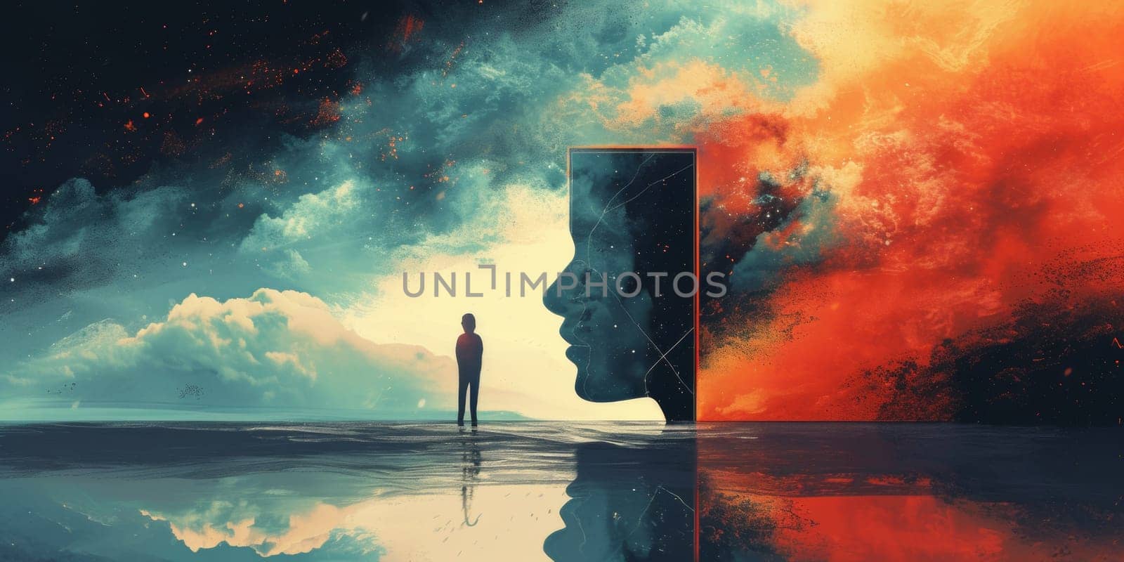 A person standing in front of a door with an open sky behind it, AI by starush