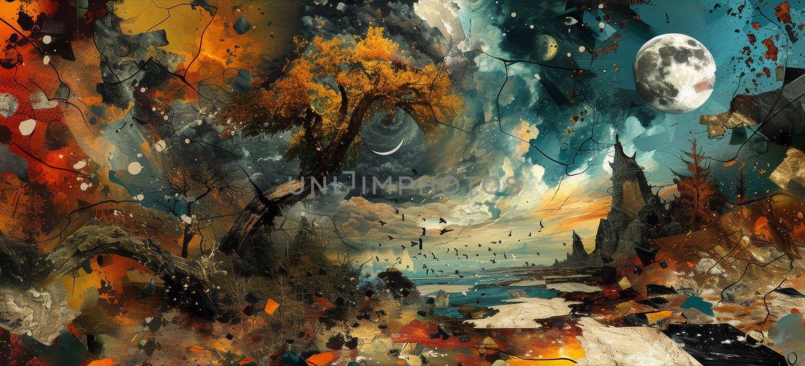 A painting of a tree and moon in the sky, AI by starush