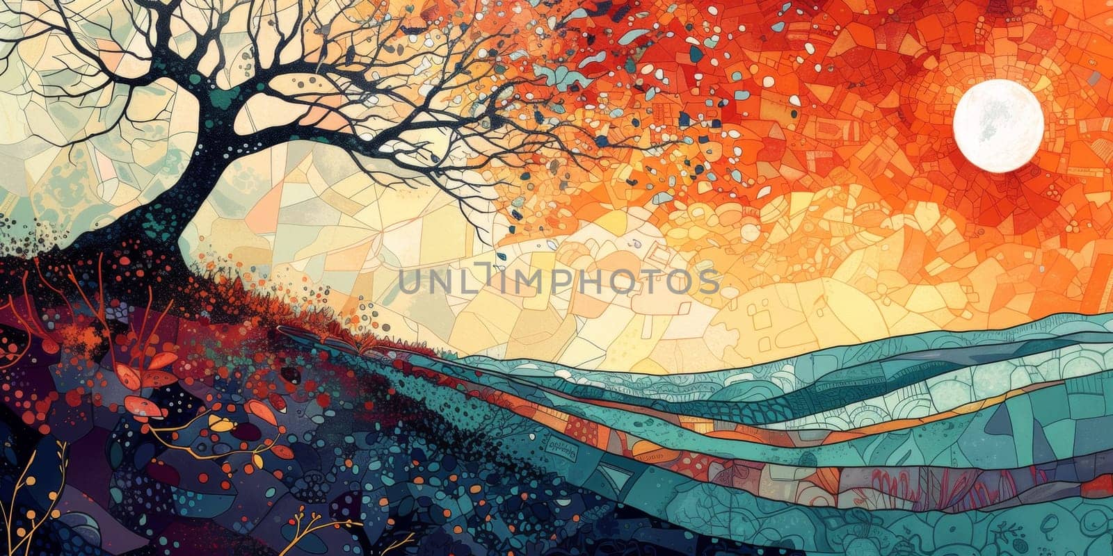 A painting of a tree and the sun in an abstract style, AI by starush