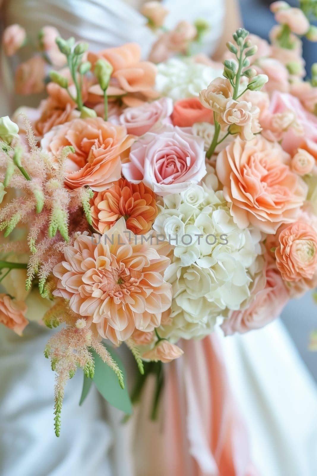 A close up of a bride holding her wedding bouquet in front